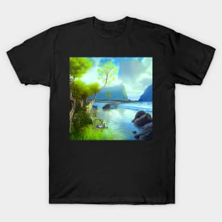 Magical Landscape featuring Sea, Mountains And Plants, Vacation Beach T-Shirt